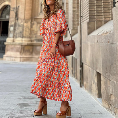 Women's Boho Print V-Neck Short-Sleeve Long Dress (photo 11)