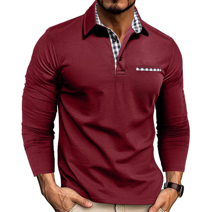 Men's Plaid-Panel Lapel Long-Sleeve Polo Shirt (photo 3)