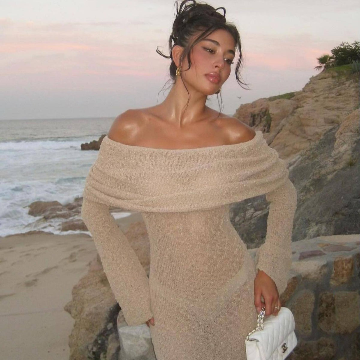 Women's One-Shoulder Long-Sleeve Knit Maxi Dress (photo 14)