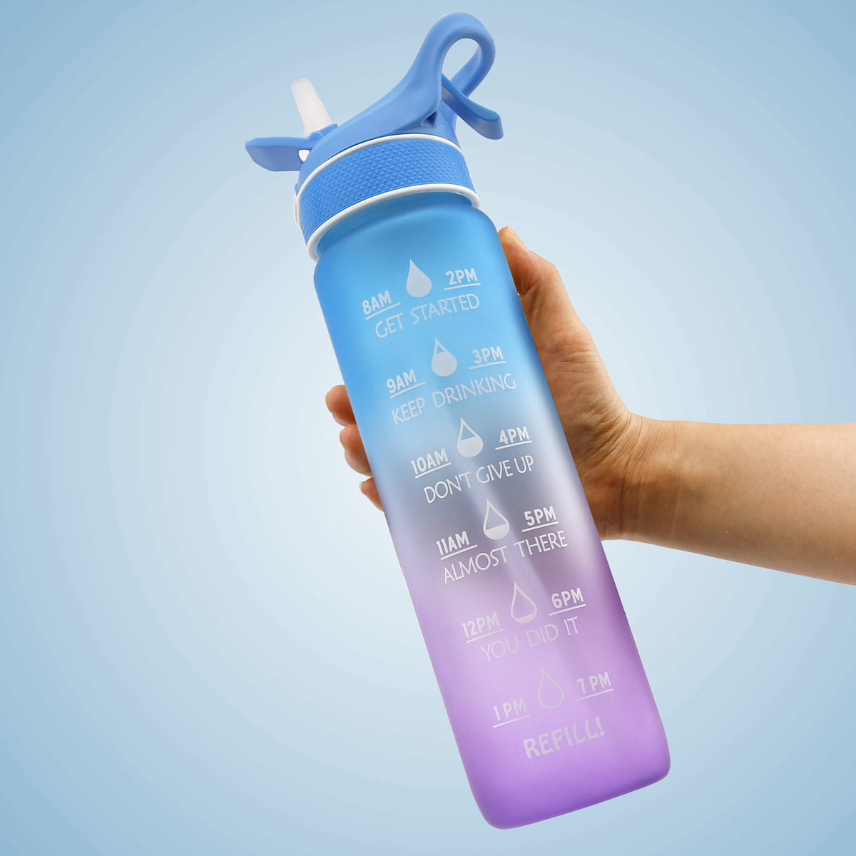 1 L Water Bottle with Spray Mist and Straw – Blue and Purple