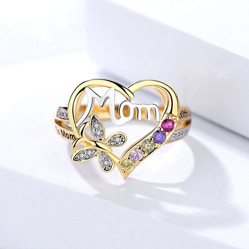 Love Mom Hollow Heart Rhinestone Ring (photo 5)