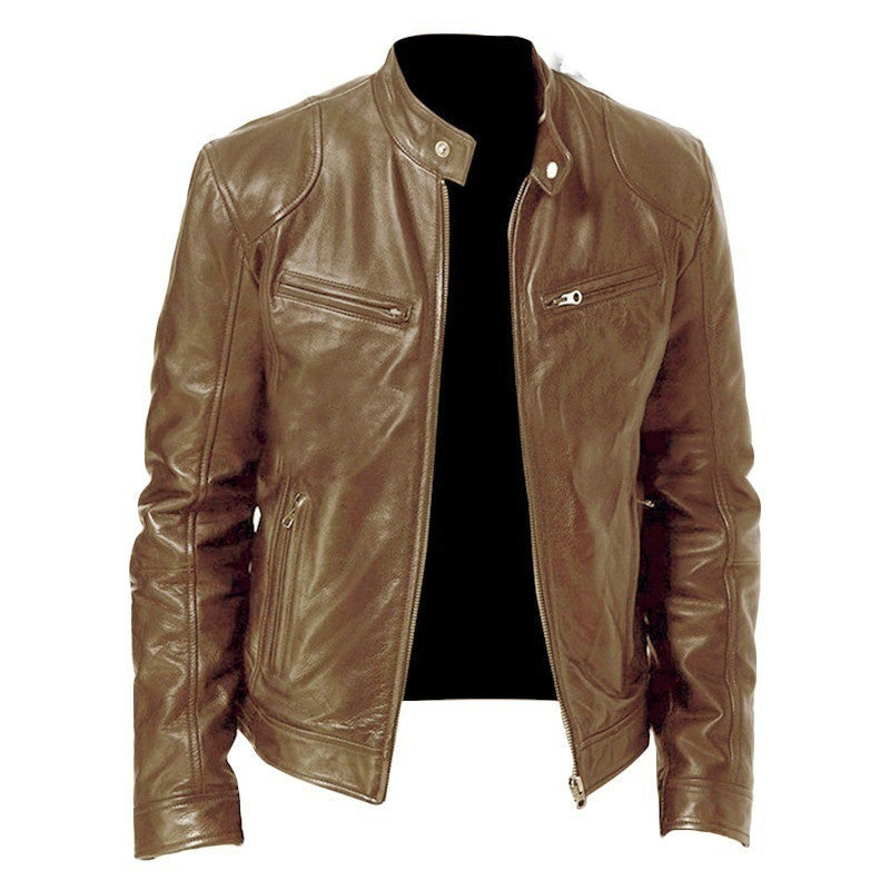 Men's PU Leather Zip-Up Stand-Collar Jacket (photo 2)
