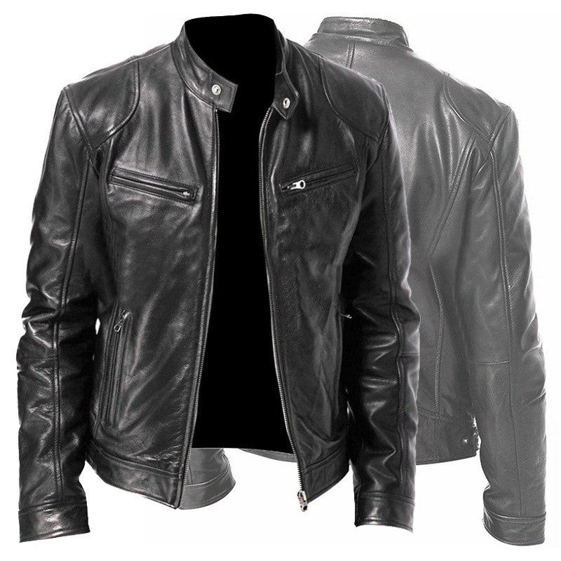 Men's PU Leather Zip-Up Stand-Collar Jacket (photo 6)