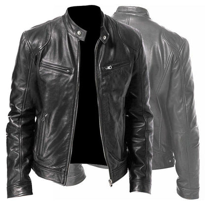 Men's PU Leather Zip-Up Stand-Collar Jacket (photo 6)