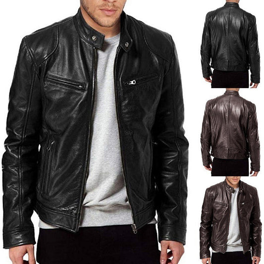Men's PU Leather Zip-Up Stand-Collar Jacket