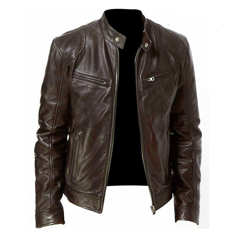 Men's PU Leather Zip-Up Stand-Collar Jacket (photo 4)