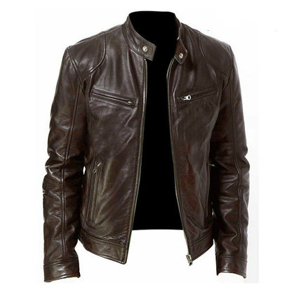 Men's PU Leather Zip-Up Stand-Collar Jacket (photo 4)