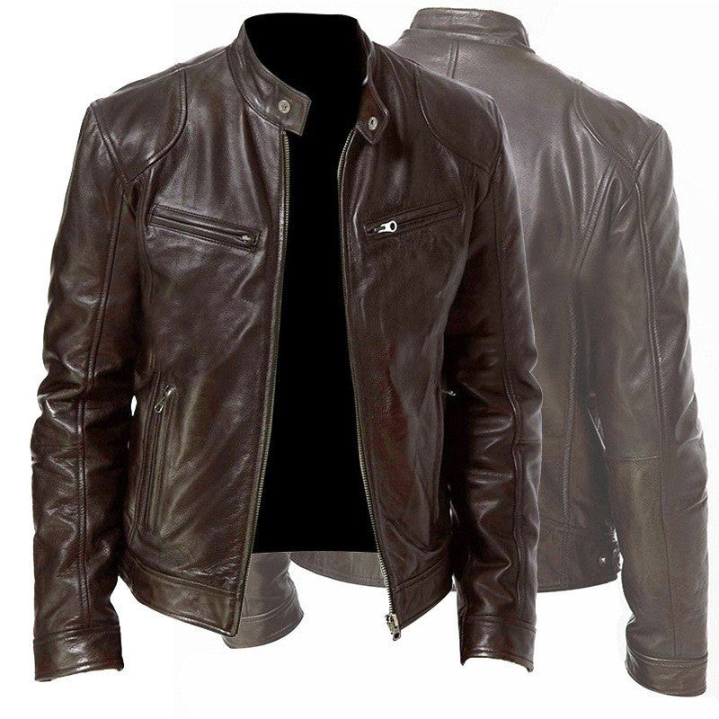 Men's PU Leather Zip-Up Stand-Collar Jacket (photo 3)