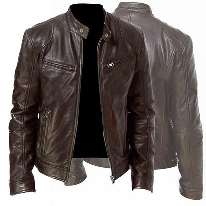 Men's PU Leather Zip-Up Stand-Collar Jacket (photo 3)