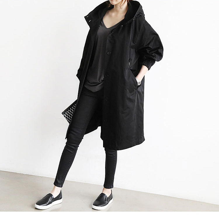 Women's Hooded Long Windbreaker with Buttons (photo 4)