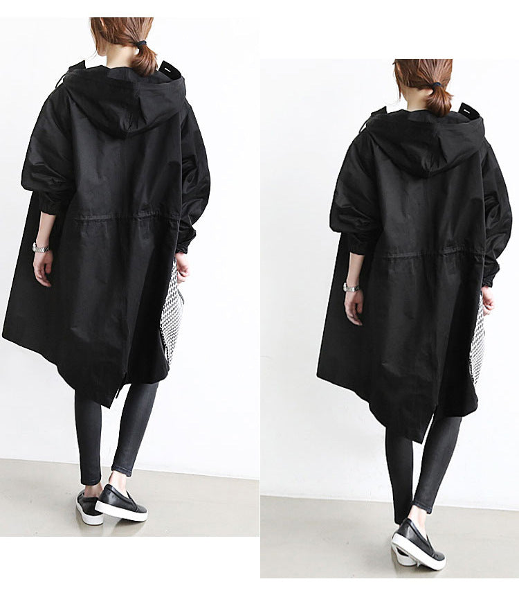 Women's Hooded Long Windbreaker with Buttons (photo 6)