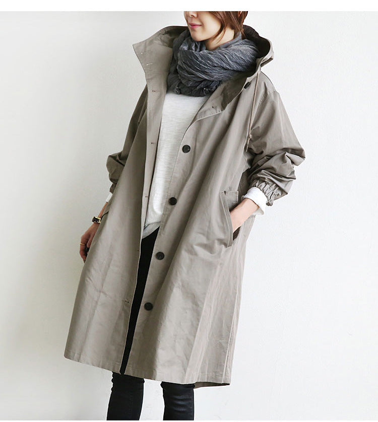 Women's Hooded Long Windbreaker with Buttons (photo 3)