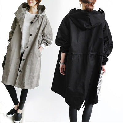 Women's Hooded Long Windbreaker with Buttons (photo 7)