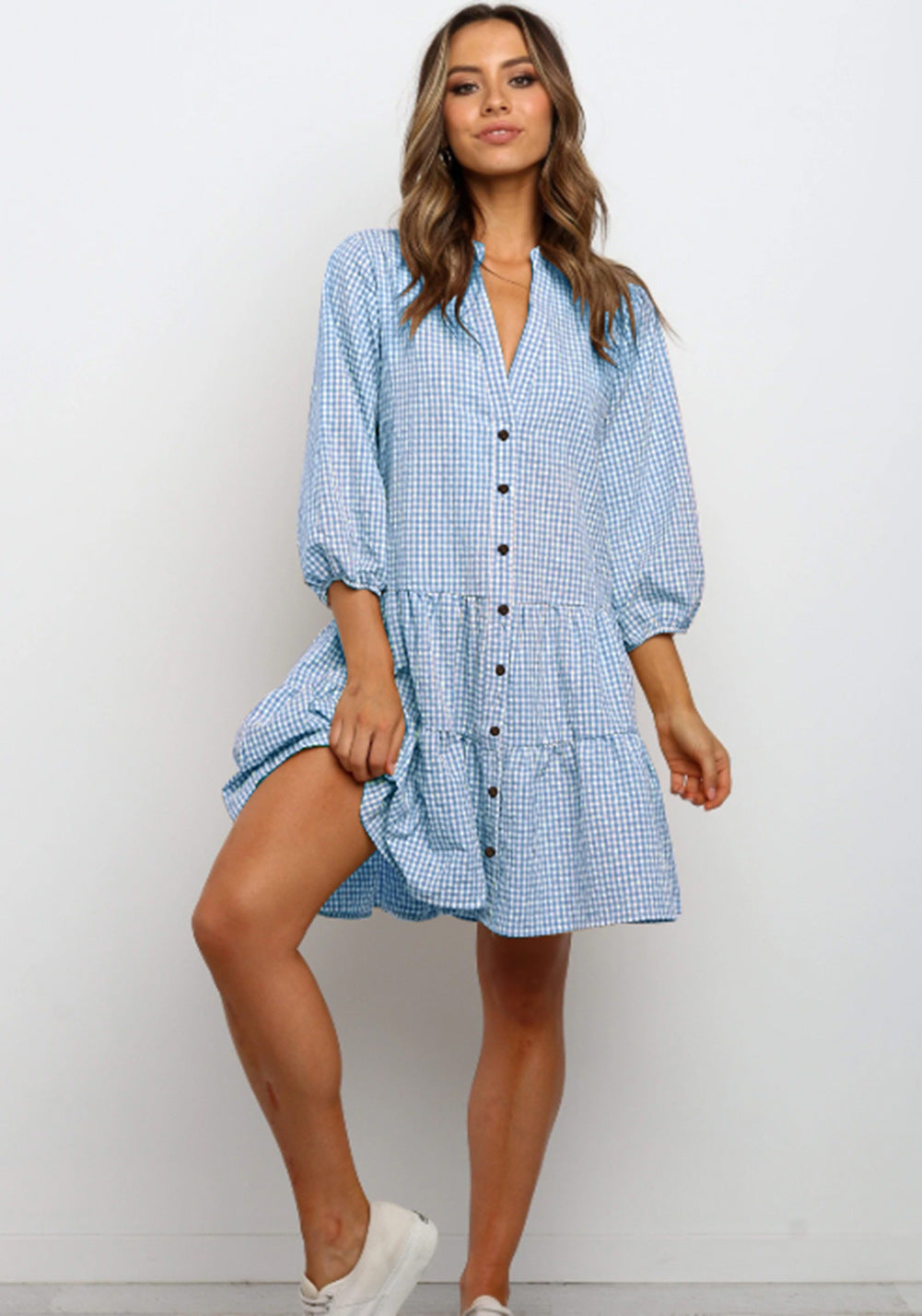 Women's Plaid Ruffle V-Neck Button Dress (photo 3)