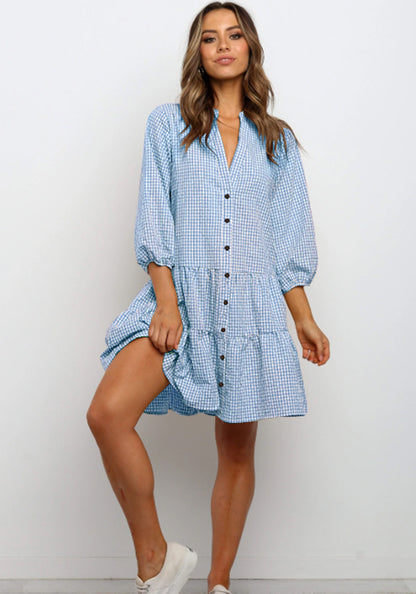 Women's Plaid Ruffle V-Neck Button Dress (photo 3)