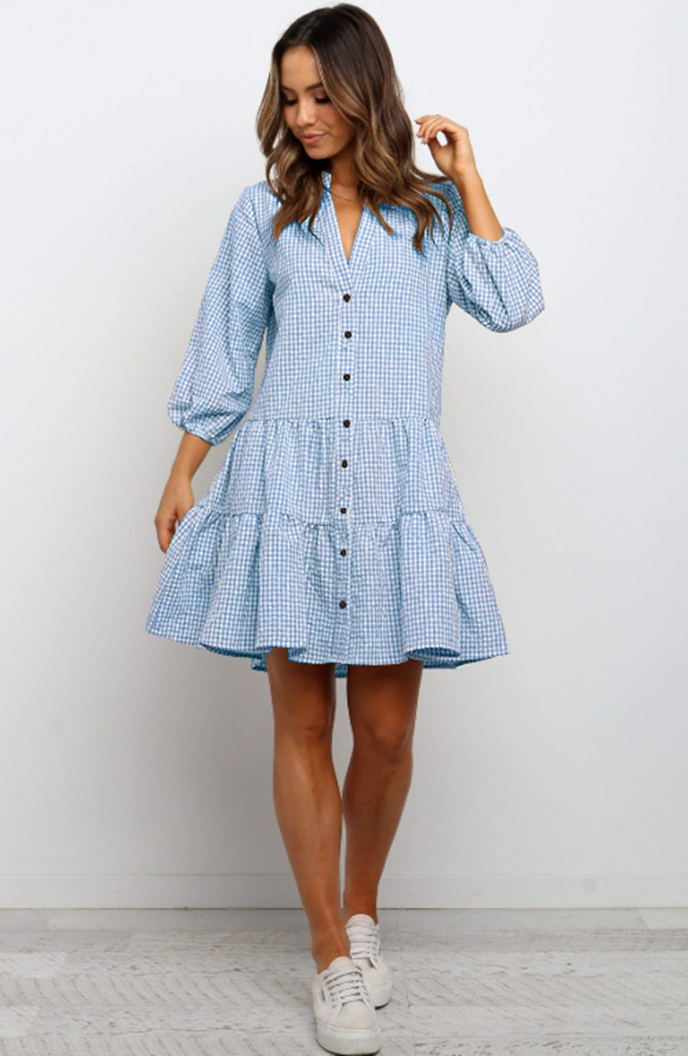 Women's Plaid Ruffle V-Neck Button Dress (photo 4)