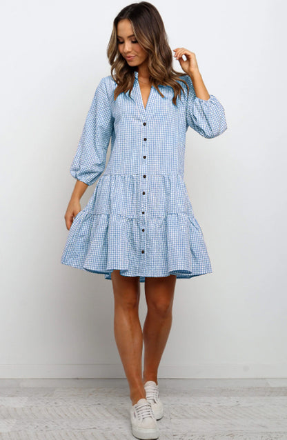 Women's Plaid Ruffle V-Neck Button Dress (photo 4)