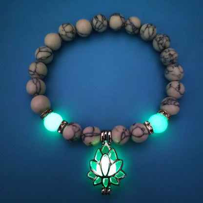 Glow-in-the-Dark Lotus Charm Beaded Bracelet – B