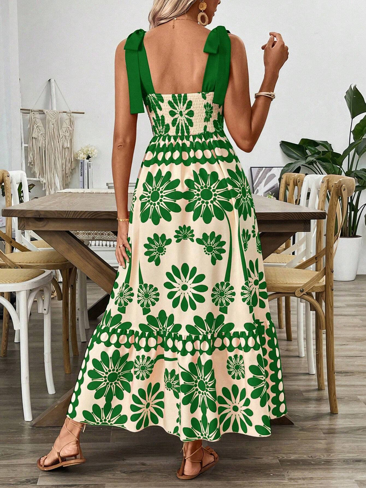 Cream and green floral print maxi dress, back view