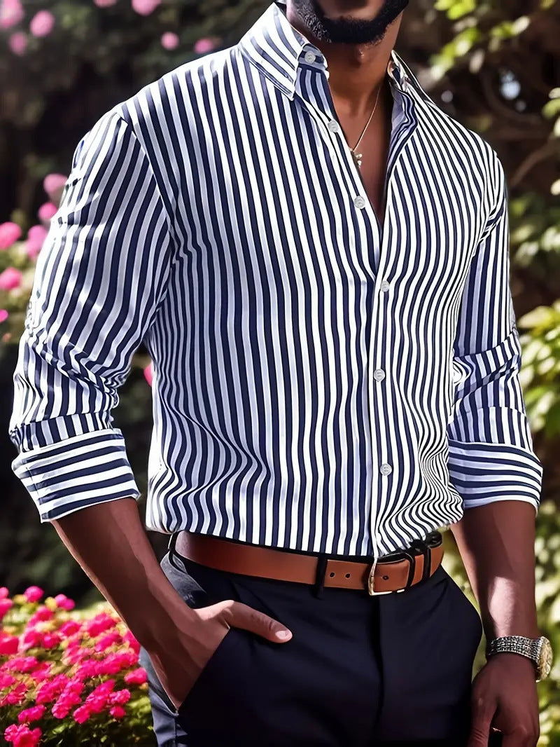 Men's Striped Long-Sleeve Lapel Button Shirt (photo 9)