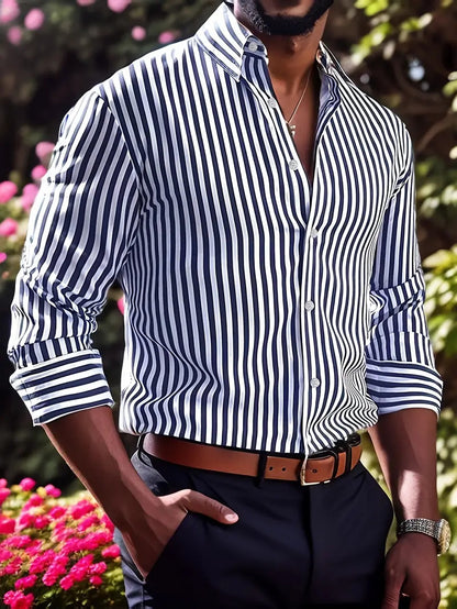 Men's Striped Long-Sleeve Lapel Button Shirt (photo 9)