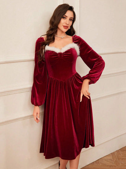 Women's Vintage Velvet Square-Neck Long-Sleeve Dress (photo 7)