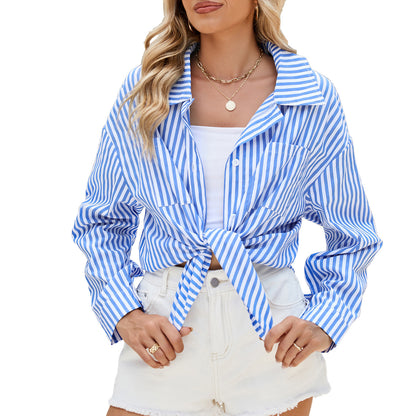 Women's Striped Long-Sleeve Button Shirt with Pockets (photo 6)