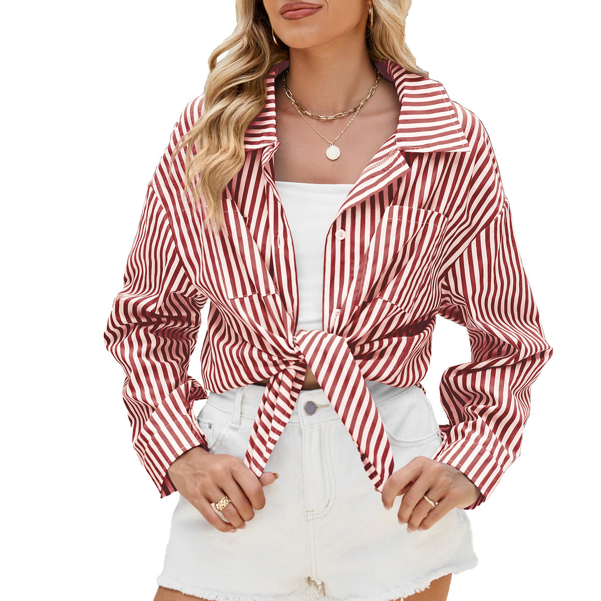 Women's Striped Long-Sleeve Button Shirt with Pockets (photo 8)