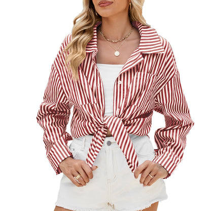Women's Striped Long-Sleeve Button Shirt with Pockets (photo 8)