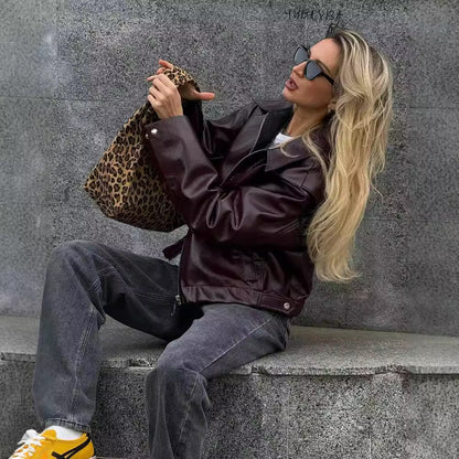 Women's Faux Leather Lapel Zip Jacket (photo 5)