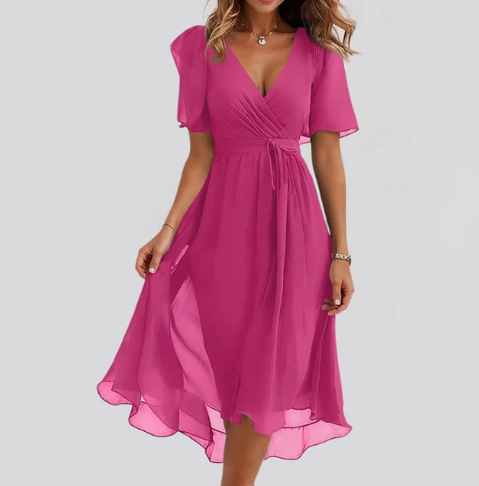 Women's Printed Chiffon V-Neck Short-Sleeve Dress (photo 14)