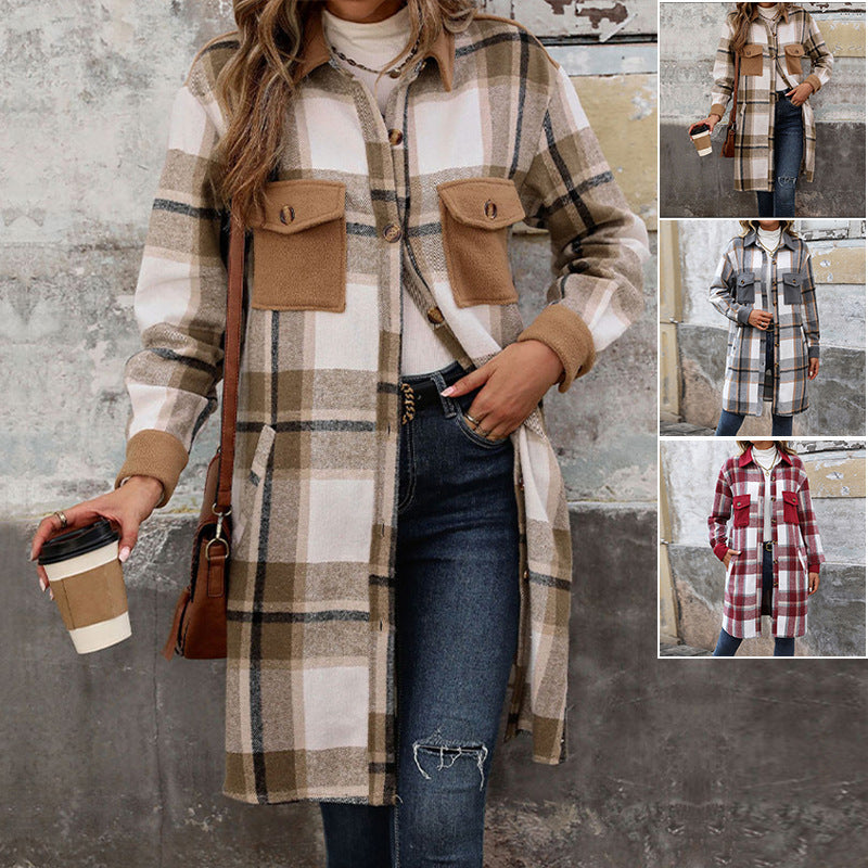 Women's Brushed Plaid Long Coat with Pockets