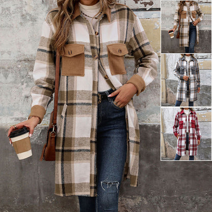 Women's Brushed Plaid Long Coat with Pockets