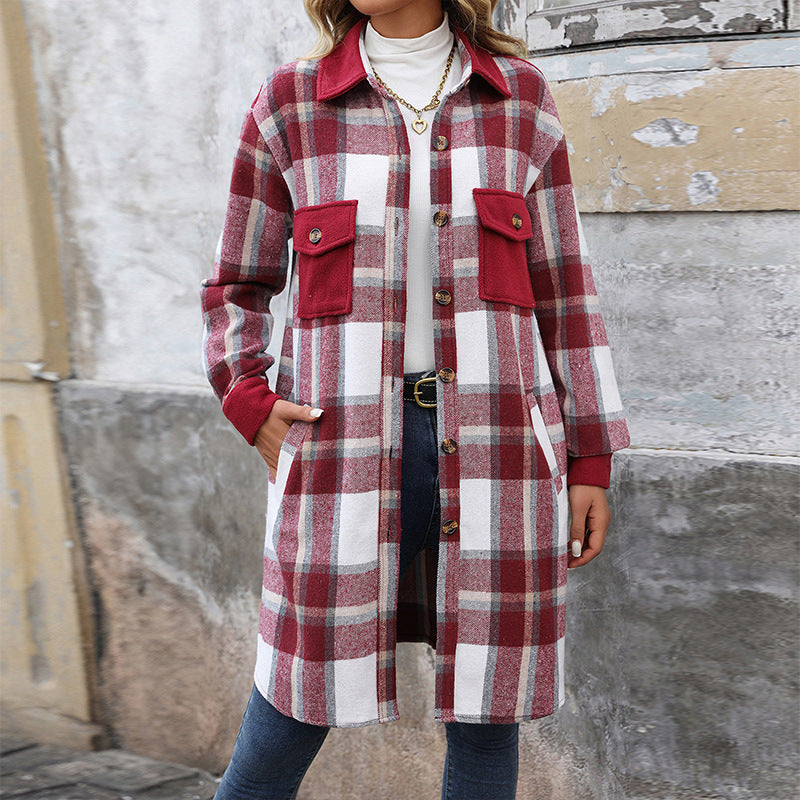 Women's Brushed Plaid Long Coat with Pockets (photo 3)