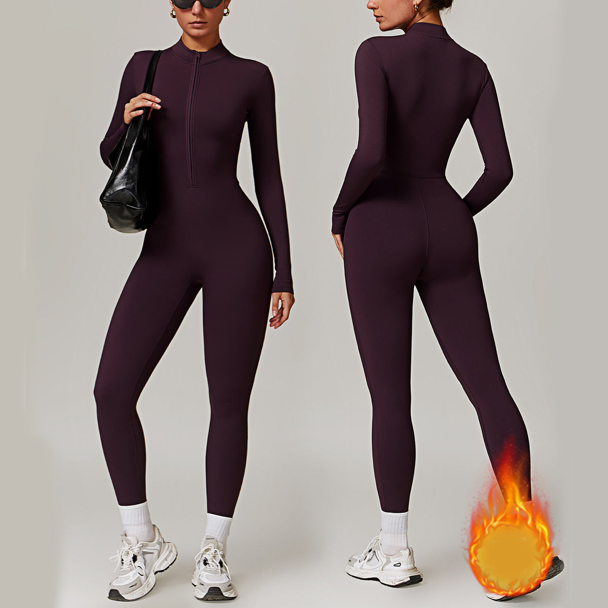 Women's Fleece-Lined Zip Long-Sleeve Yoga Jumpsuit