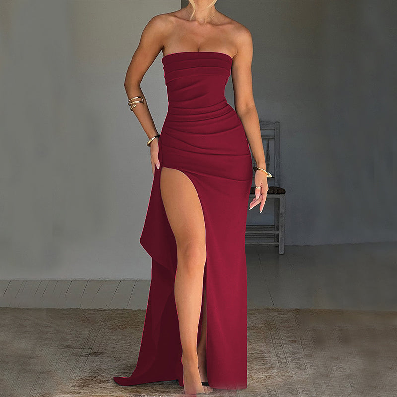 Women's Strapless Pleated Split Maxi Dress (photo 3)