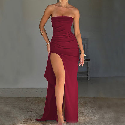 Women's Strapless Pleated Split Maxi Dress (photo 3)