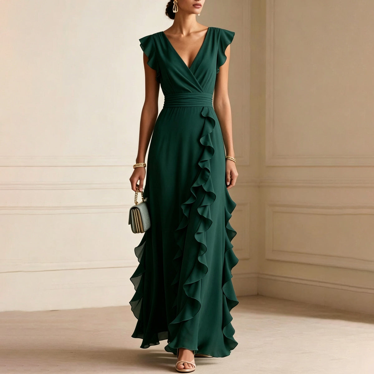 Women's Ruffle V-Neck Sleeveless Maxi Dress (photo 12)
