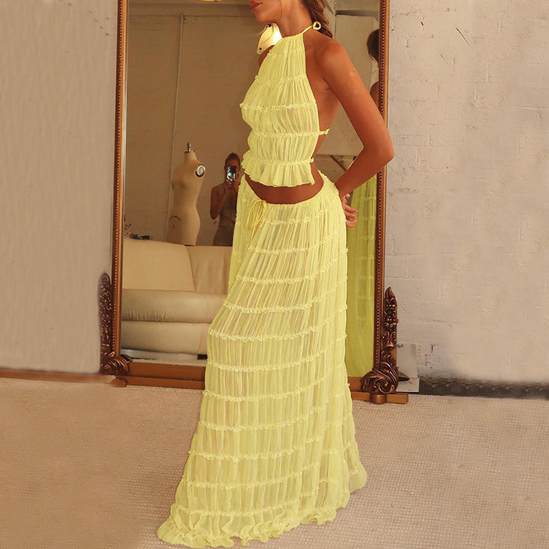 Women's Halter Crop Top and Pleated Maxi Skirt Set (photo 8)