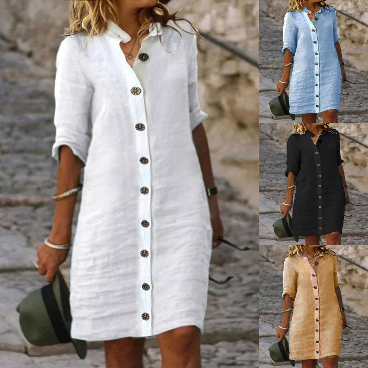 Women's Half-Sleeve V-Neck Button-Front Shirt Dress