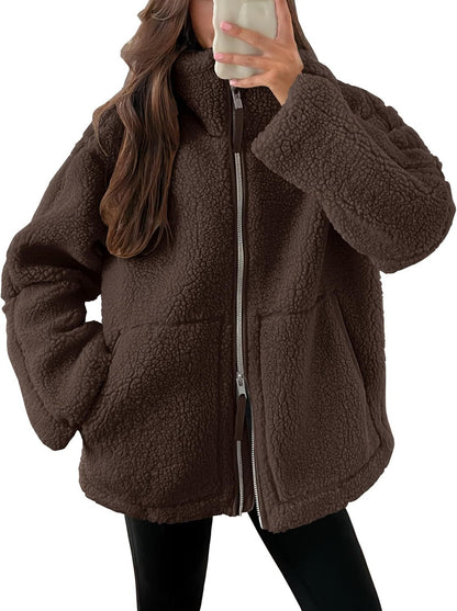 Women's Lapel Zip-Up Fleece Coat with Pockets (photo 10)