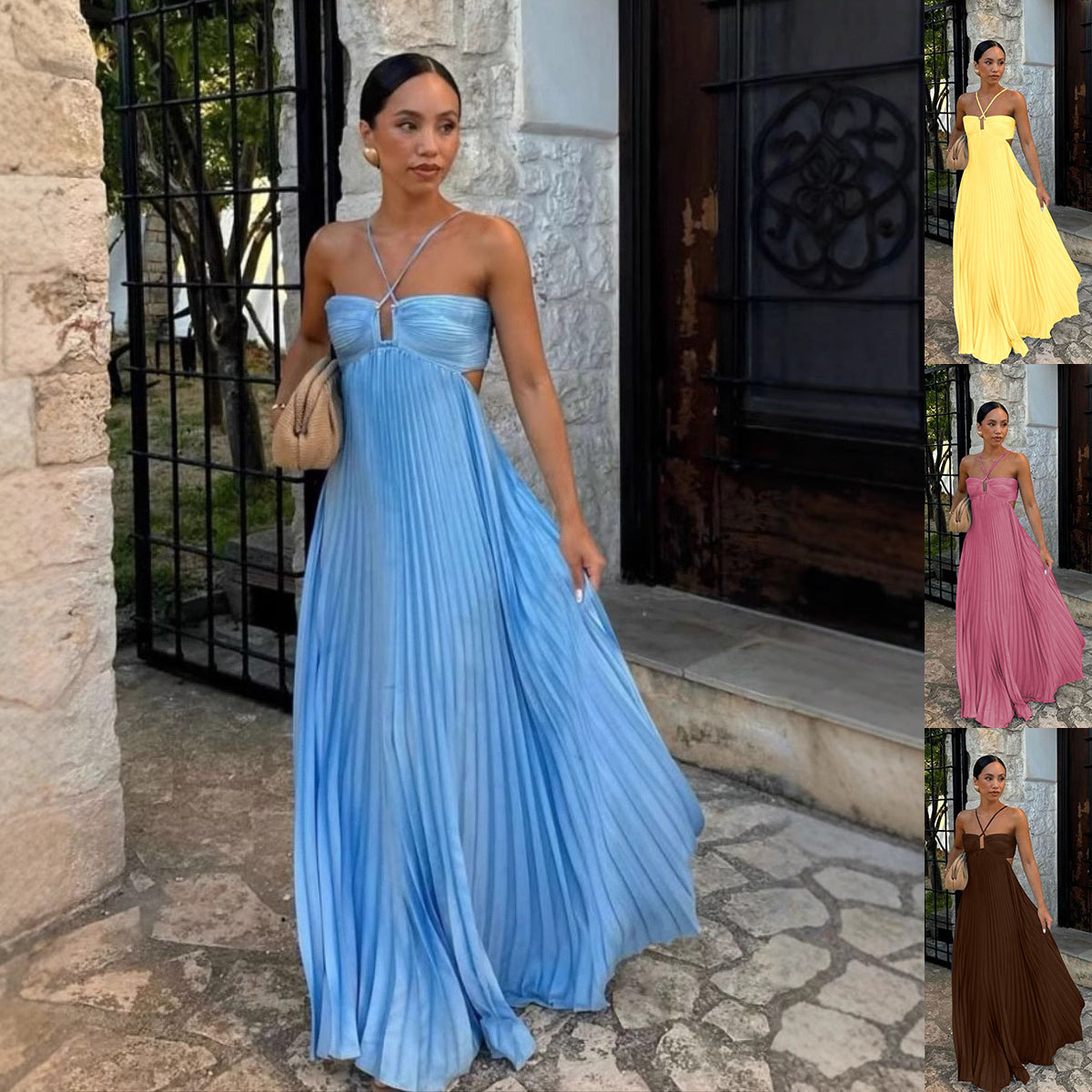 Women's Pleated Halter Maxi Dress with Cut-Out Detail