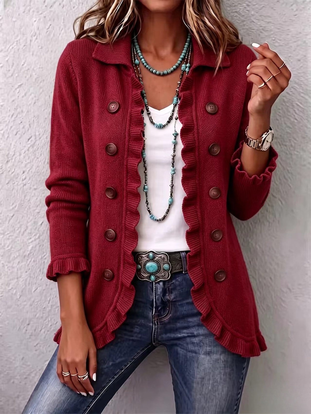 Women's Ruffled Button-Front Knit Cardigan (photo 11)