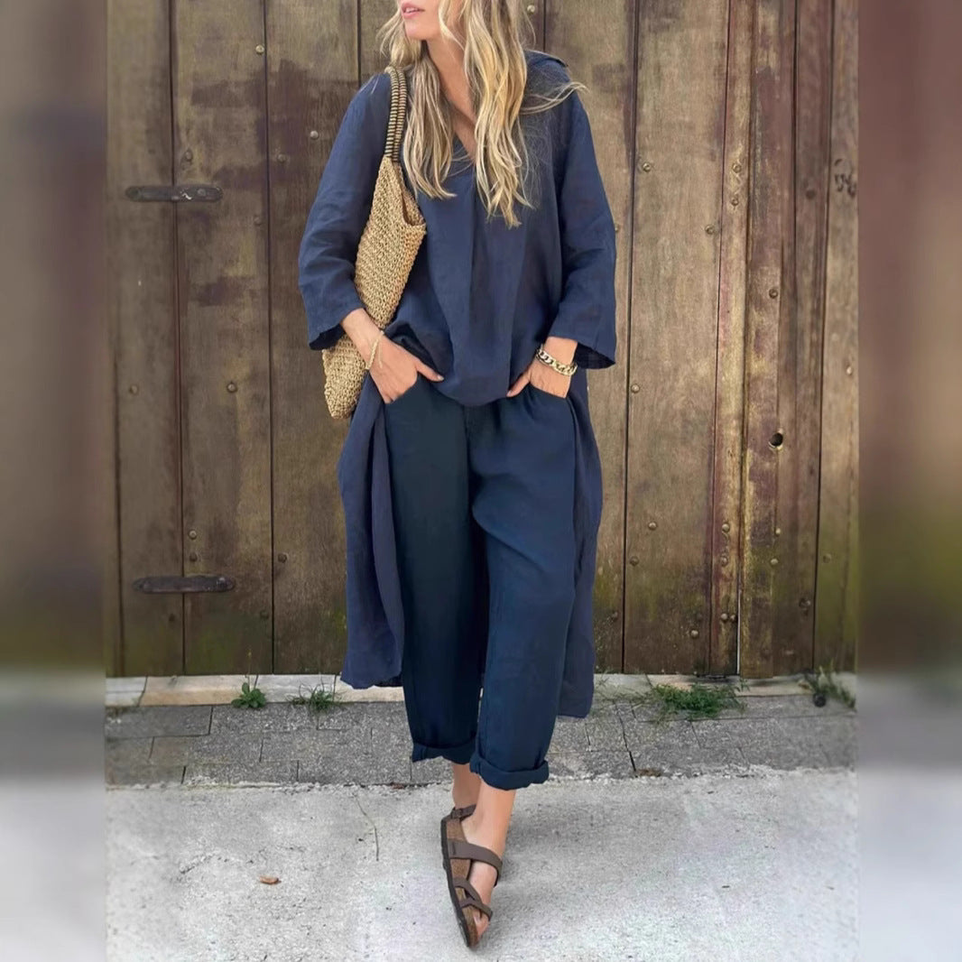 Women's Long V-Neck Top and Wide-Leg Pants Set (photo 13)