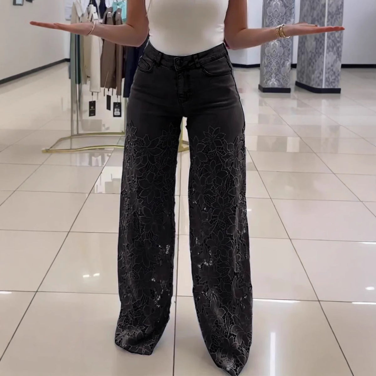Women's Lace Cut-Out High-Waist Wide-Leg Jeans (photo 5)