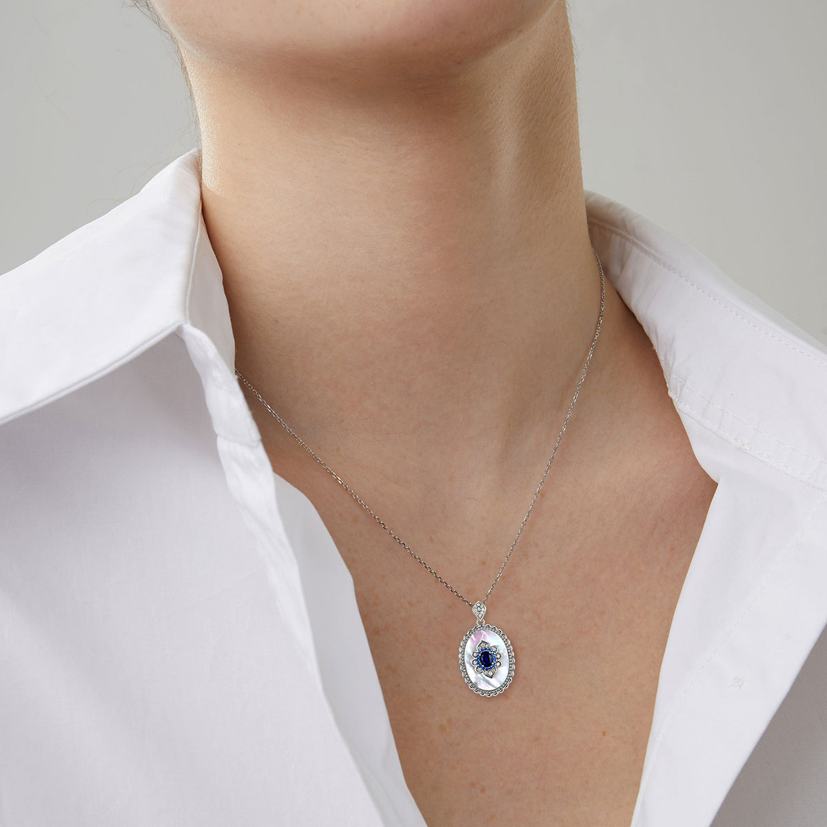 Oval Blue Stone Pendant Necklace, 925 Sterling Silver (photo 4)