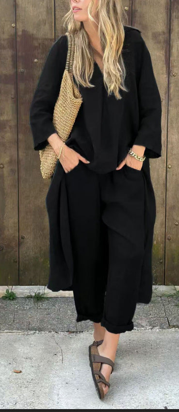 Women's Long V-Neck Top and Wide-Leg Pants Set (photo 4)