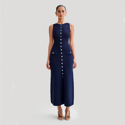 Women's Sleeveless Knit Button-Front Long Dress (photo 2)