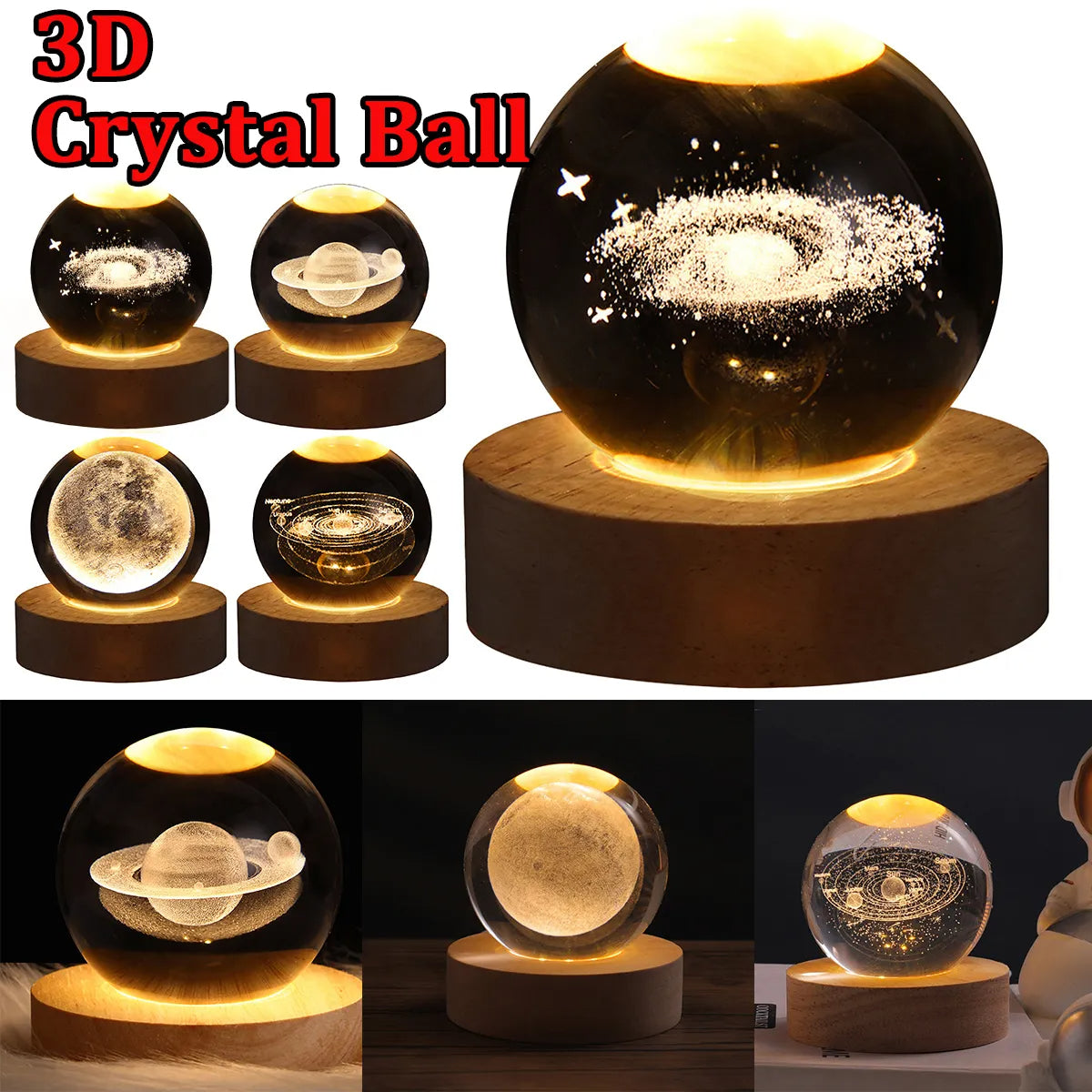 Wood Base Crystal Ball Night Lamp