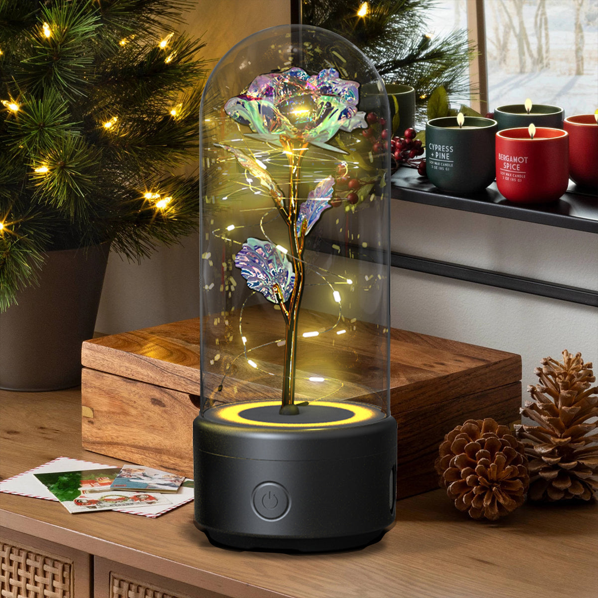 Preserved Rose LED Light and Bluetooth Speaker in Glass Dome (photo 9)